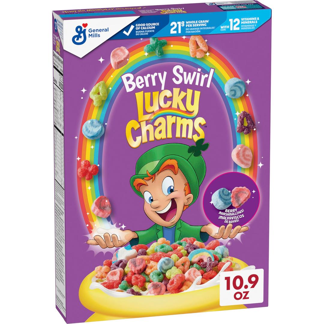 Lucky Charms Berry Swirl Breakfast Cereal with Marshmallows, Kids Breakfast Cereal, Made with Whole Grain, 10.9 oz