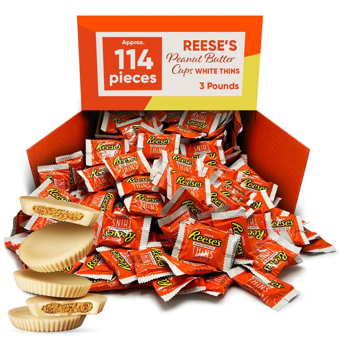 Reeces Peanut Butter Cups Thins with White Chocolate - 3 Pound Approx 114 pieces - Individually Wrapped White Chocolate Candy - White Chocolate Bar with Peanut Butter Creme