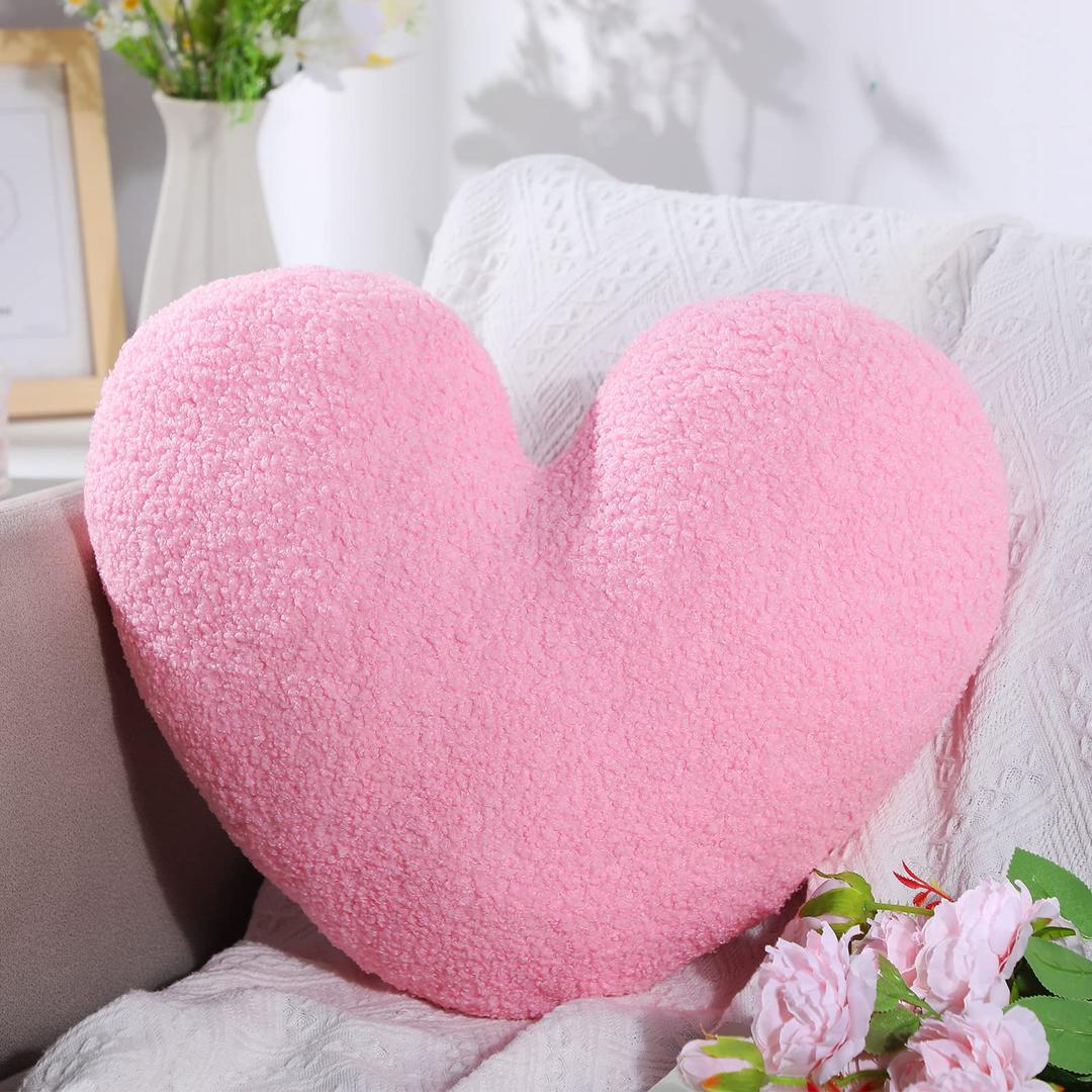 Fumete Cute Heart Plush Pillow 14 X 17 Inch Fluffy Heart Shape Cushion Toy Throw Pillows Stuffed Heart Plushie Decorative Back Cushions for Kids Friend Girl Valentine's Day Gift Fit for Bedroom (Pink)