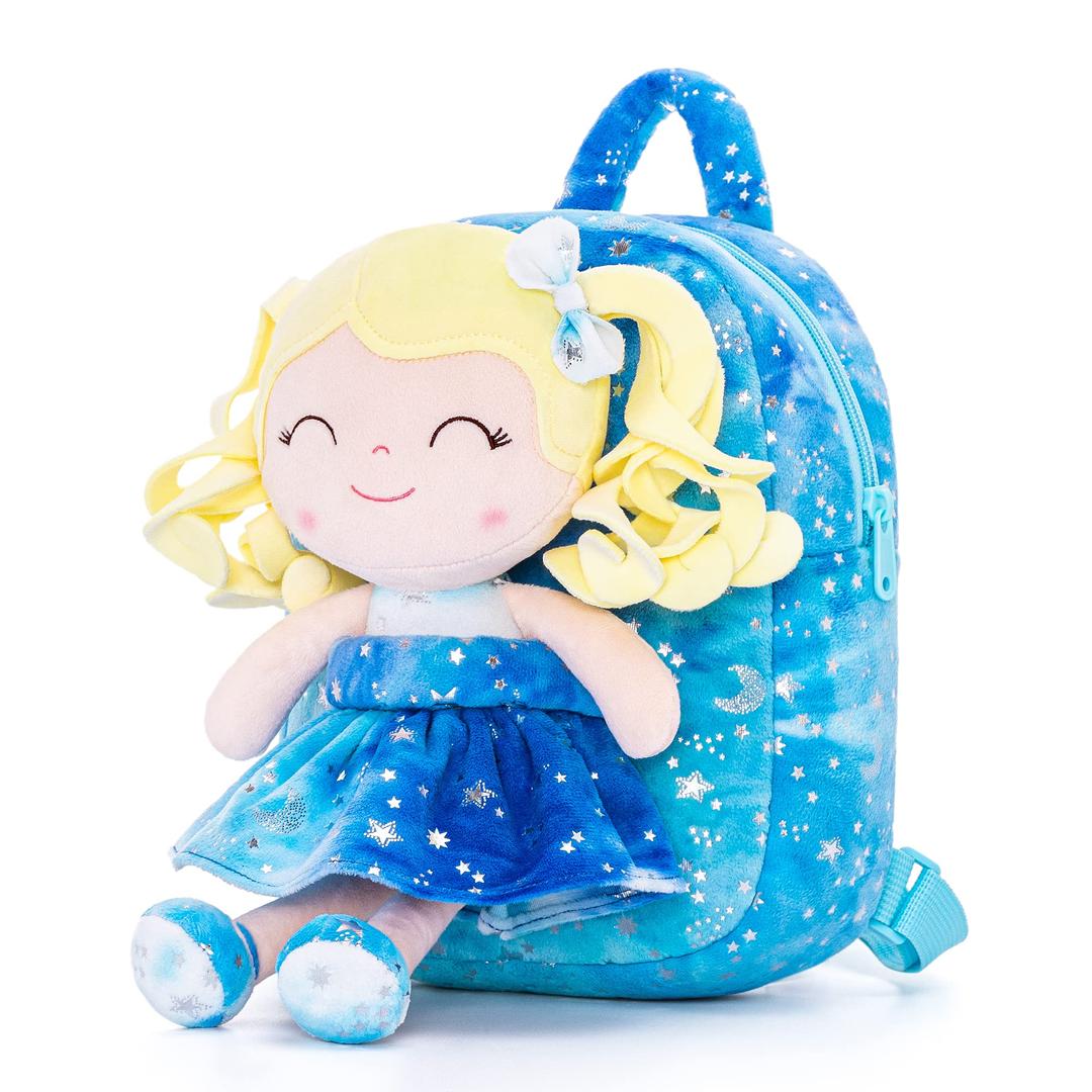 Gloveleya Toddler Backpack Baby Girl Gifts Plush Curly Girl Doll Backpacks Blue Dress with Glitter Stars 9 inches