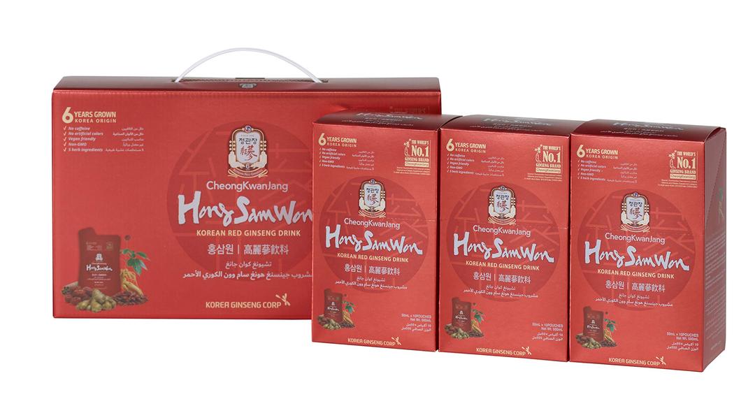 CheongKwanJang [Hong Sam Won] | Korean Red Ginseng Drink | Set of 3 boxes |10 Pouches per box | 1500ml,|Caffeine | Free Energizing Wellness Drink|