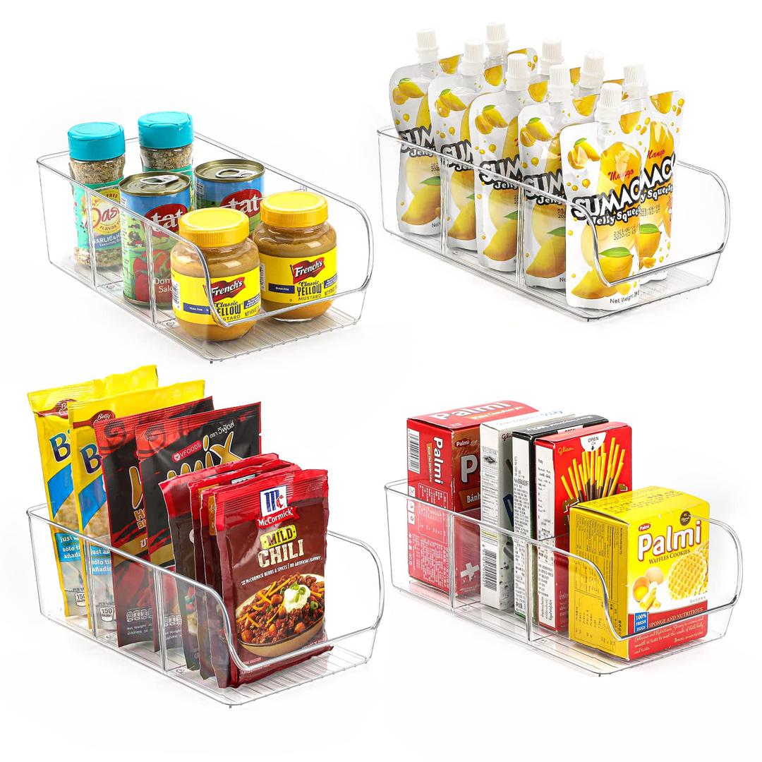 MaxGear Snack Organizer Clear Organizer Bins with 2 Removable Dividers for Tea Bag, Sugar Packets, Seasoning Packets, Spice Packet, Pouches in Kitchen, Pantry, Cabinets, Fridge,10.5x5.5x3.5 in,4 Packs