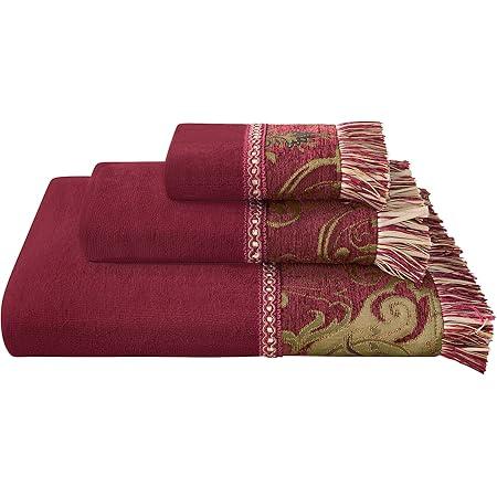 Loom and Mill Luxury Velour Cotton Bath Towel Set 3 Piece-1 Bath Towel 1 Hand Towel 1 Wash Cloth, Ultra Soft Cut Pile Decorative Towel Sets Highly Absorbent, Classic Damask Design(Red)