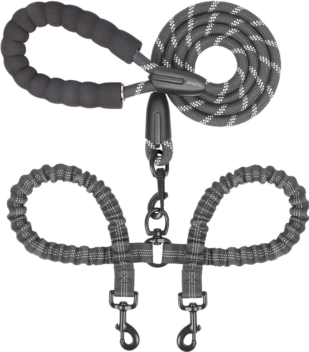 iYoShopDual Dog Leash, Double Dog Leash, 360 Swivel No Tangle Walking Leash, Shock Absorbing Bungee for Two Dogs, Black, Large (25-150 lbs)