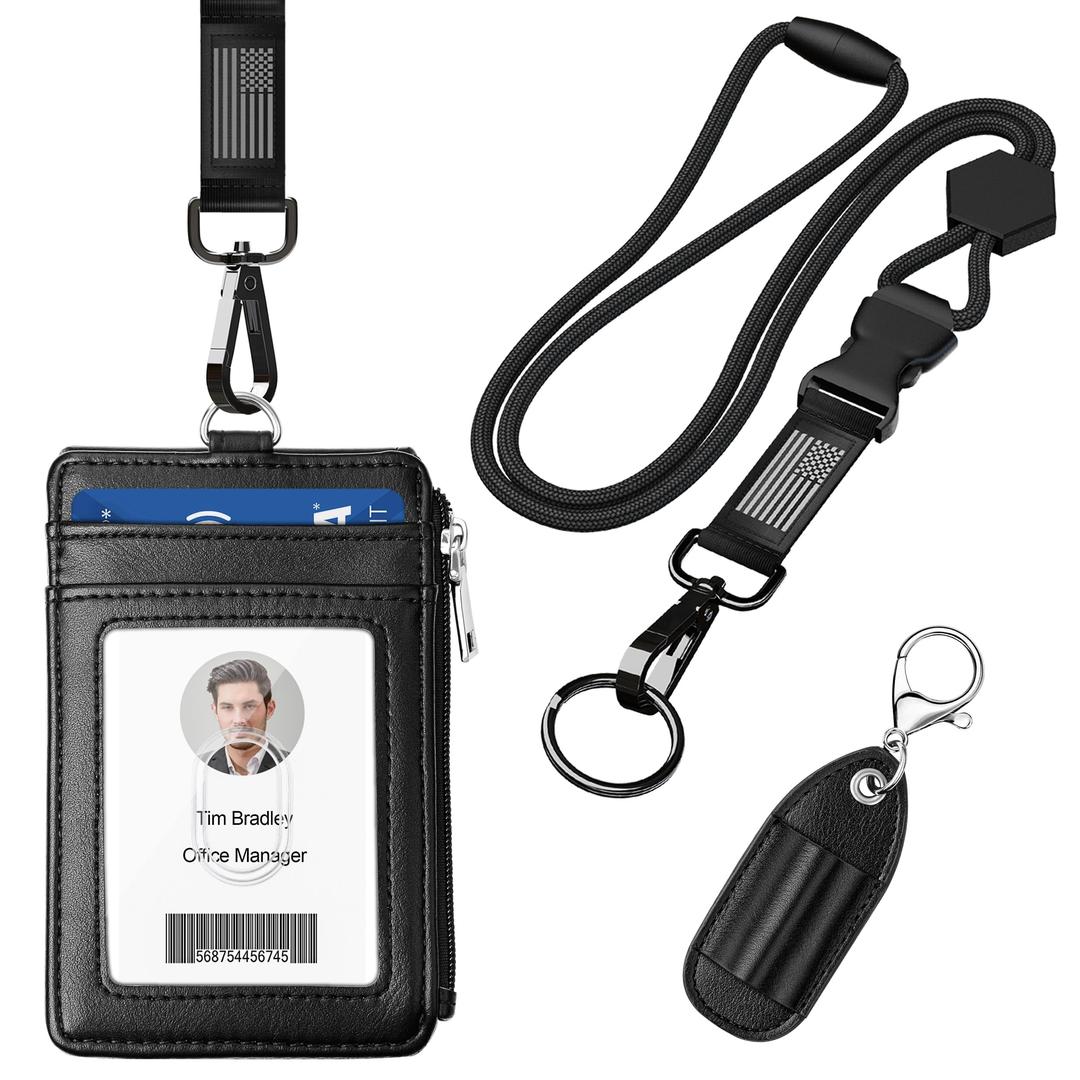 ELV Badge Holder with Zipper and Lanyard, PU Leather ID Badge Card Holder Wallet with 5 Card Slots, RFID Blocking Pocket, Adjustable Detachable Neck Lanyard with Keychain and Pen Holder