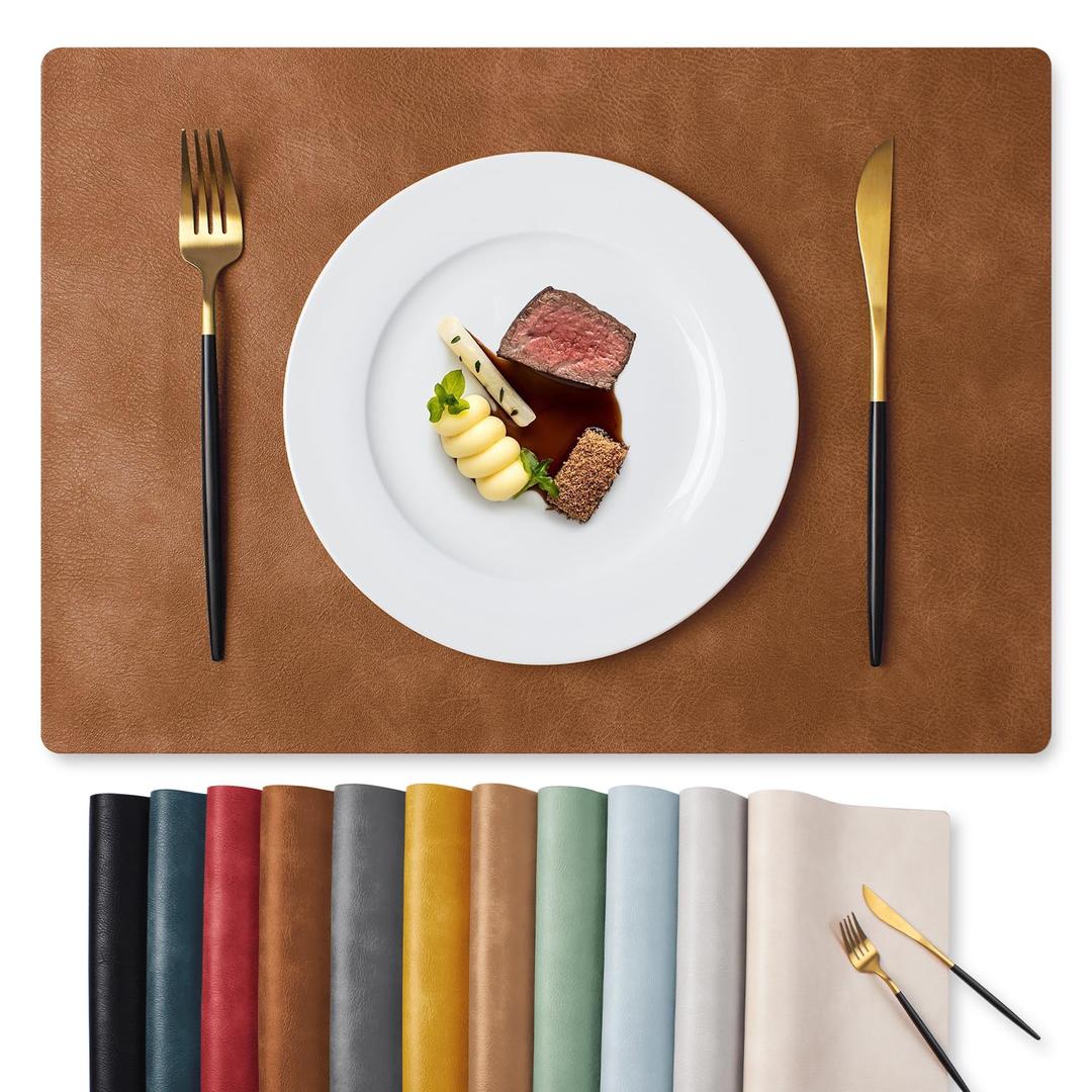 Vinyl Placemats Set of 6-12 X 18 Inch - Faux Leather 100% Waterproof Oil-Proof Wipeable PU Place Mats, Heat Resistant Reversible Table Mats for Kitchen, Dining, Outdoor (Reddish Brown)