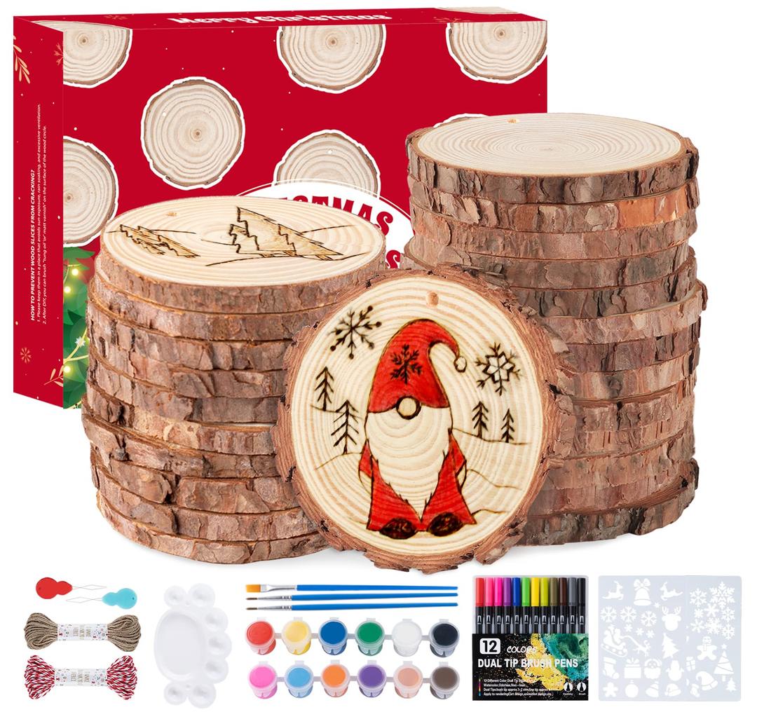 Wood Slices, 50PCS 2.7''-3.1''Natural Wooden Christmas Ornaments Kit with Pre-Drilled Hole, Acrylic Paint Pattern Stencils, DIY Craft for Adults Kids Holiday Decor Xmas Ornaments (50PCS/ 2.7''-3.1'')