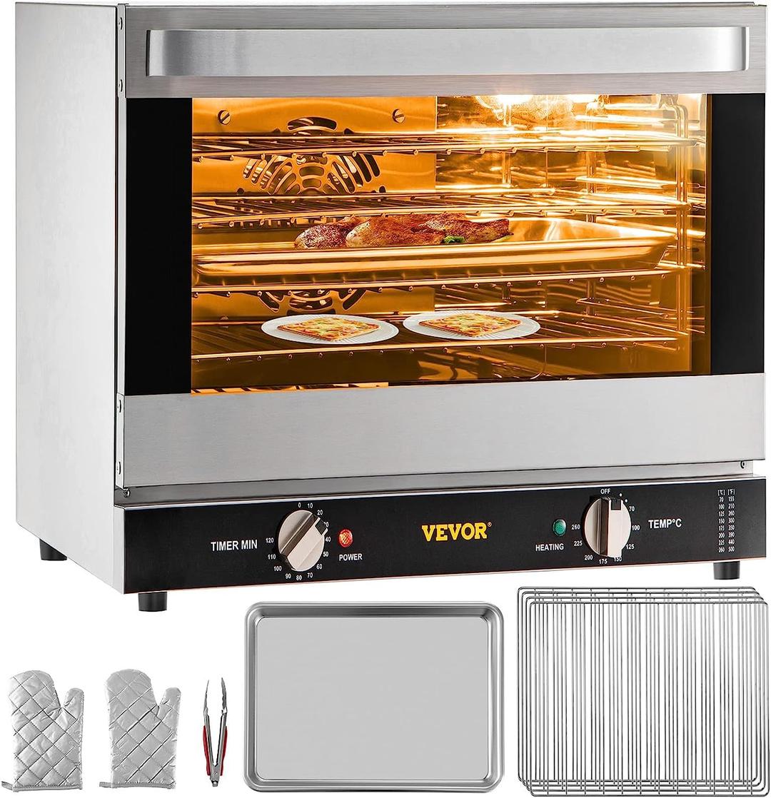 VEVOR Commercial Convection Oven, 66L/60Qt, Half-Size Conventional Oven Countertop, 1800W 4-Tier Toaster w/Front Glass Door, w/Trays Wire Racks Clip Gloves, 120V