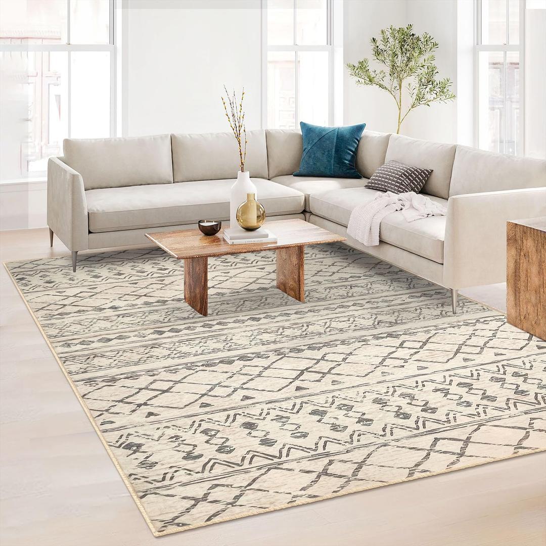 KUTA 5x7 Living Room Rug, Moroccan Large Beige Area Rug Washable Boho Area Rug Non-Slip, Ultra Soft Geometric Traditional Farmhouse Carpet for Living Room Dining Room Bedroom Dorm Office Home Décor