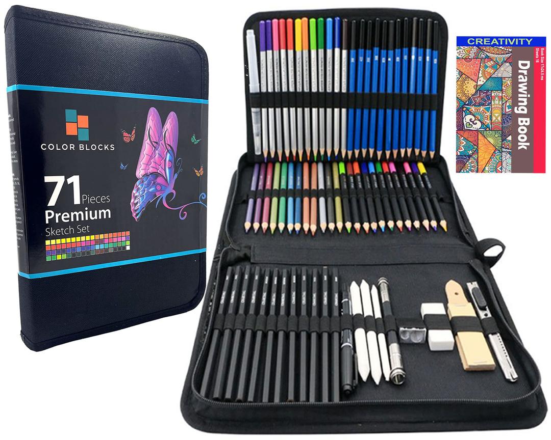 ColorBlocks 71-Piece Art Supplies -Sketch Set,Painting - Bonus Drawing Book - Coloring and Drawing Pencils in Zipper Carry Case, Charcoal Sticks, with Extra Art Kits for Children, Adults and Artists