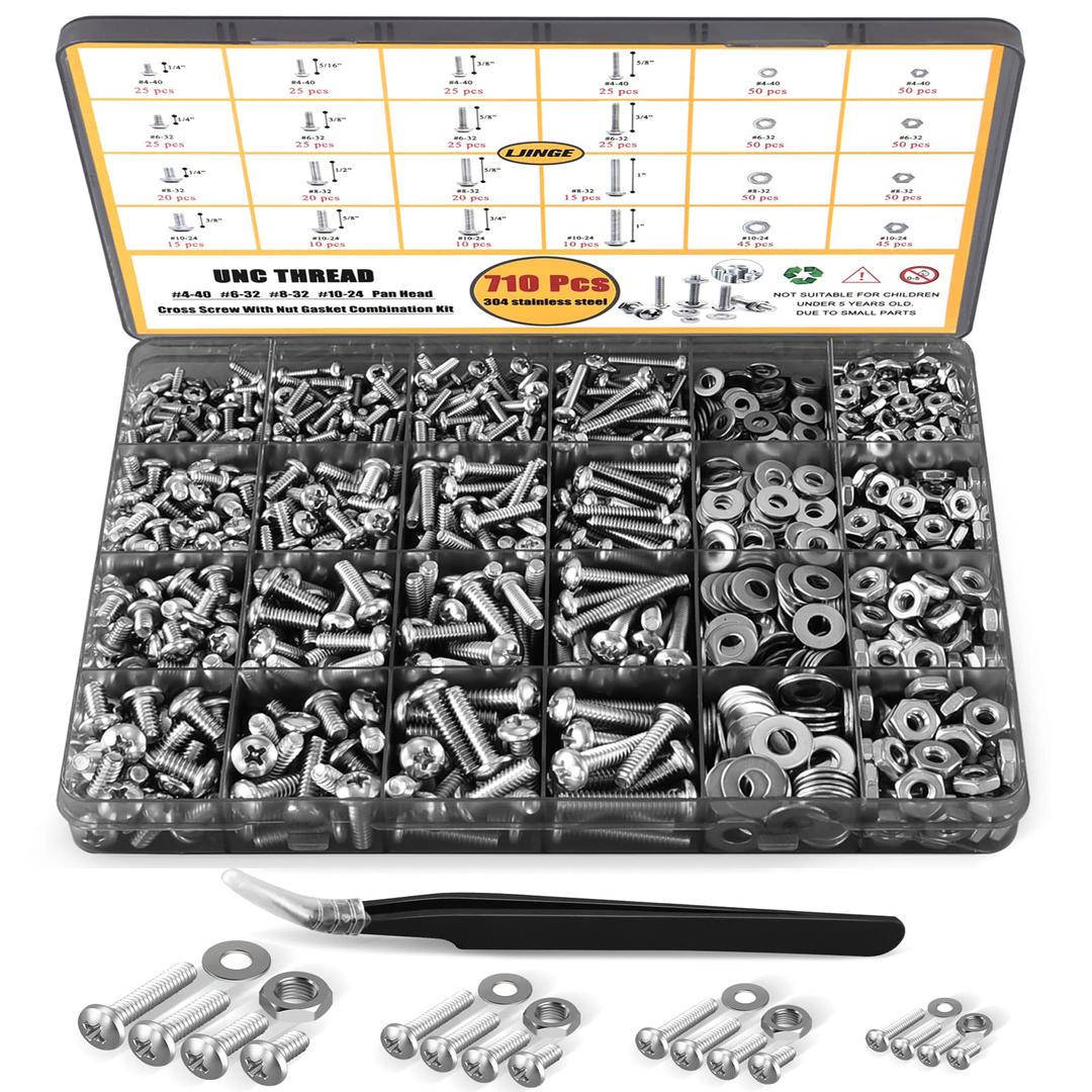 710Pcs Nuts and Bolts Assortment Kit, 4-40#6-32#8-32#10-24 Phillips Pan Head Assortment Stainless Steel Bolts Nuts Flat Washers Nuts Bolts with Case (Black)