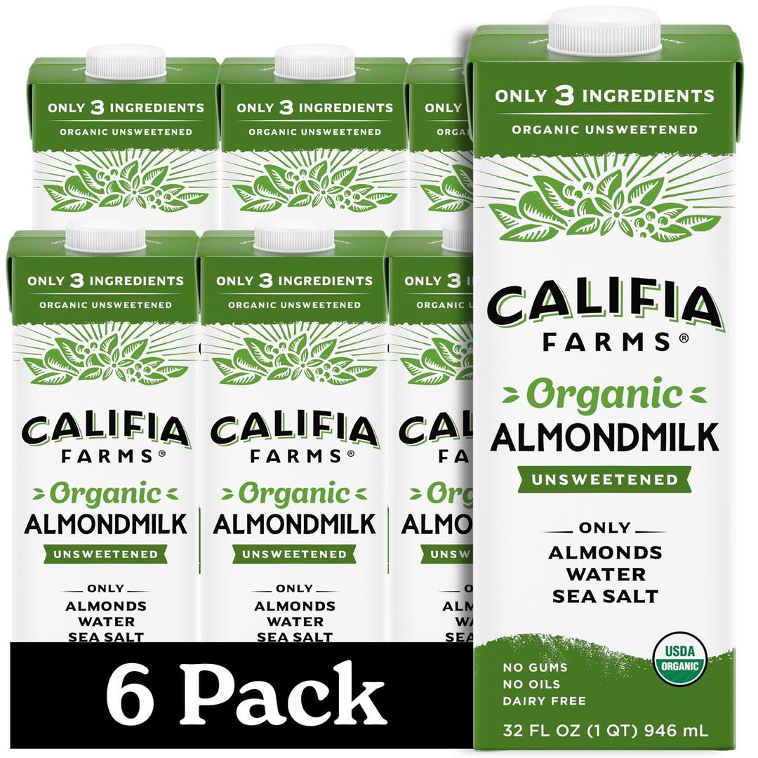 Califia Farms - Organic Unsweetened Almond Milk, 32 Oz (Pack of 6), Dairy Free, Vegan, Plant Based, Keto, Vegan, Gluten Free, Non GMO, USDA Organic