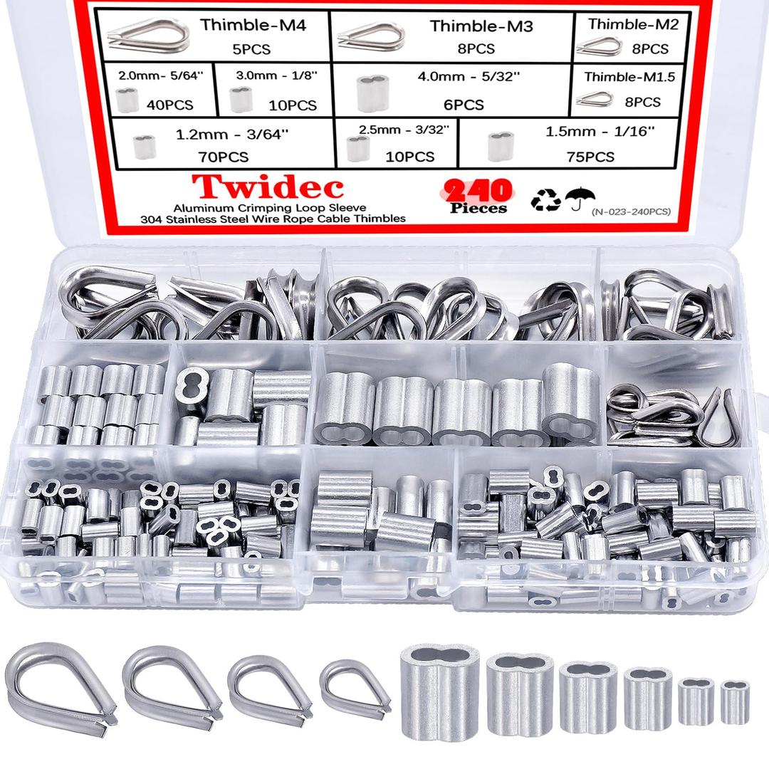 Twidec/240PCS 304 Stainless Steel Wire Rope Cable Thimbles and Aluminum Crimping Loop Sleeve 3/64''-5/32" for Wire Rope Cable Thimbles Rigging Assortment Kit N-023-240PCS