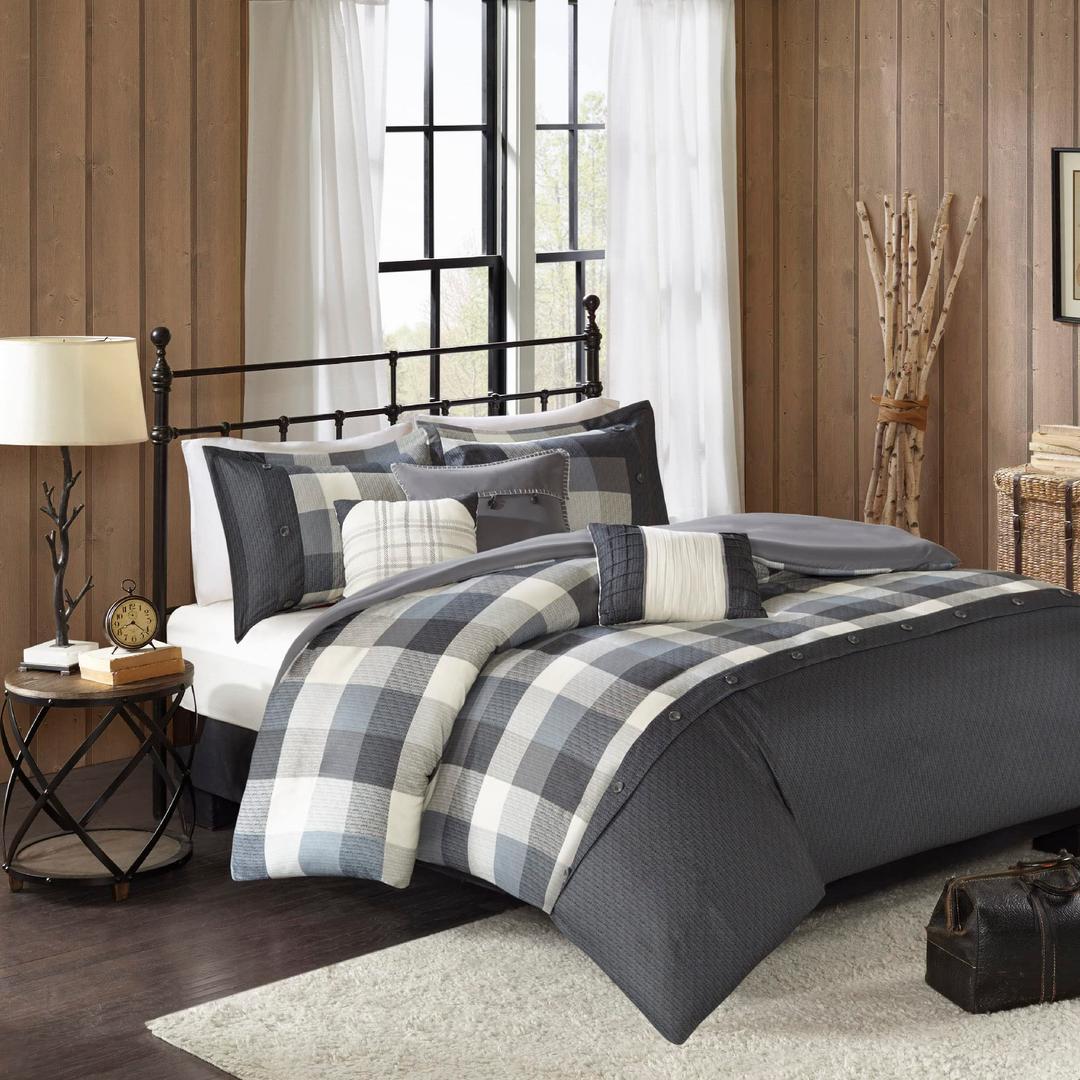 Madison Park Ridge Comforter Set - Cabin Lodge Plaid Herringbone Design, All Season Down Alternative Cozy Bedding with Matching Bedskirt, Shams, Decorative Pillow, Grey Queen(90"x90") 7 Piece