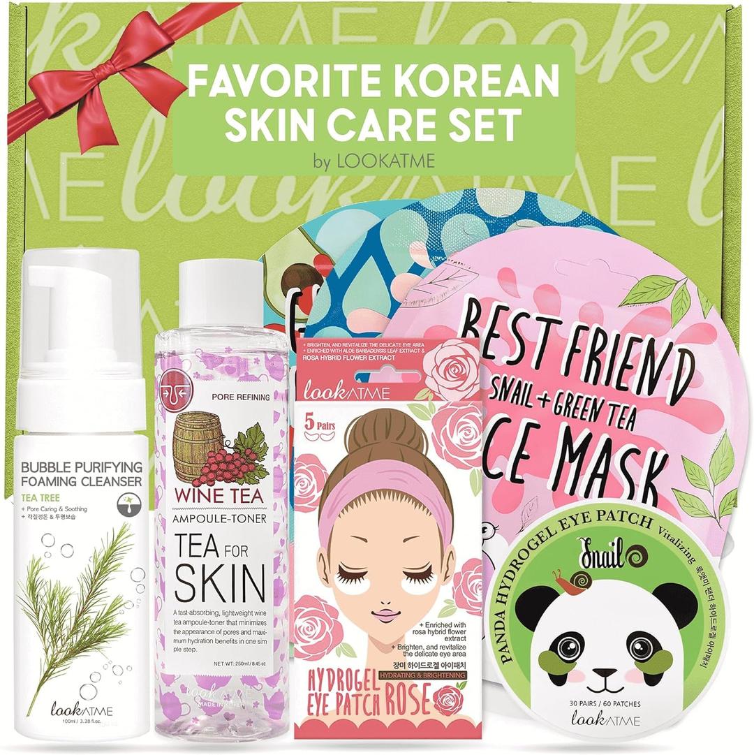 Korean Skin Care Set - Simplified Kbeauty Skincare Kits - Asian Skincare Facial Kit & Sets with Water Based Cleanser, Essence Toner, Under Eye Patches, Face Mask Sheets, Self Care Gifts For Women