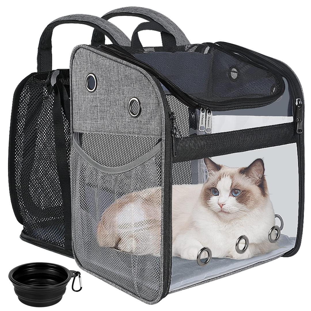 Expandable Cat Backpack Carrier, Breathable Mesh Pet Carrier Backpack for Cats, Dogs, Rabbits, Small Pets, Clear Foldable Cat Pack Backpack with Waist Pad for Walking, Travel, Hiking, Camping, Outdoor