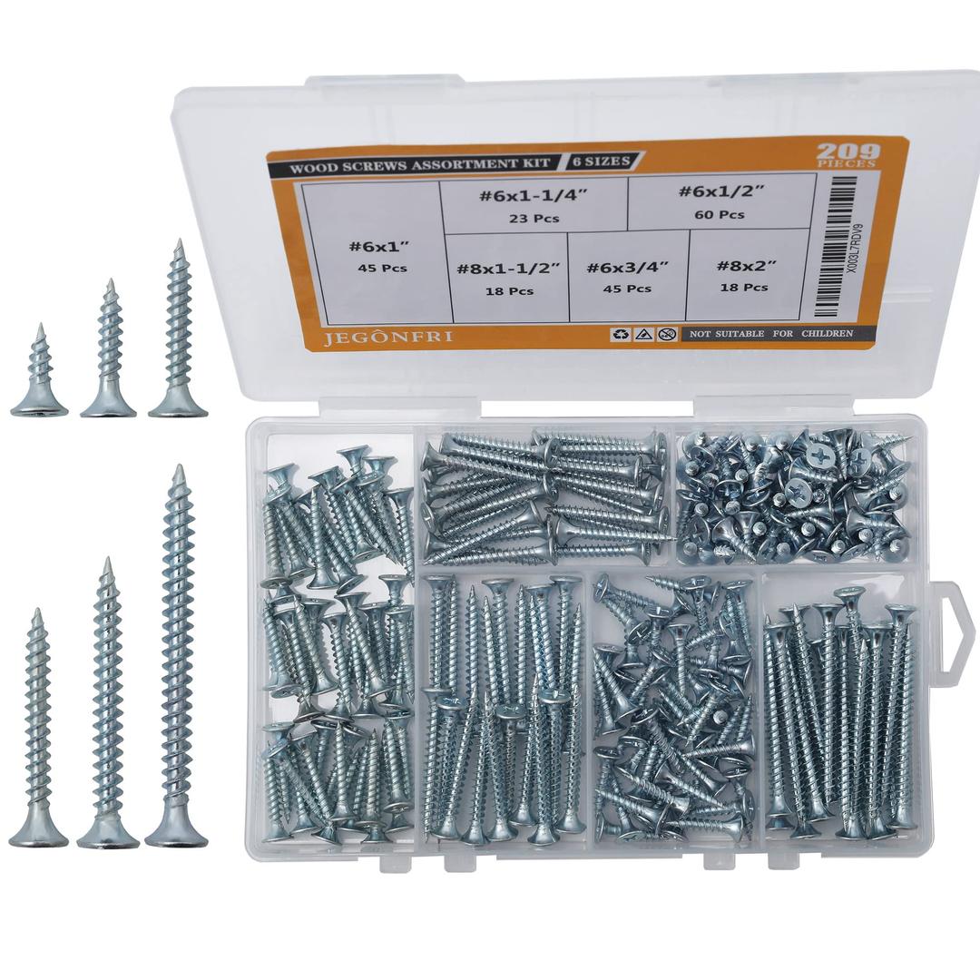 High Hardness Wood Screws Assortment Kit, 209 pcs, Phillips Drive Flat Head, Wood Screws, Screws, Drywall Screws, Assorted Screws, Screws Set, 6 Sizes (2”,1-1/2”,1-1/4”,1”,3/4”,1/2”)