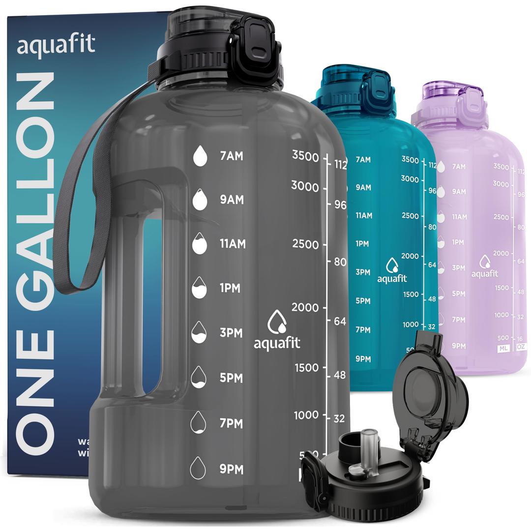 AQUAFIT 1 Gallon Water Bottle with Time Marker - BPA Free 128 oz Water Bottle with Straw, Gym Water Bottle with Handle, 1 Gallon Water Jug, Big Water Bottle, Large Water Bottle (Gray)