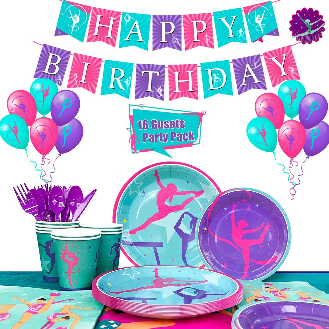 GifobubyGymnastics Birthday Party Supplies,140pcs Gymnastics Party Decorations&Tableware Kit - Gymnastics Plates and Napkins Cups Tablecloth Balloons Banner etc Gymnastics Decorations for Birthday Party