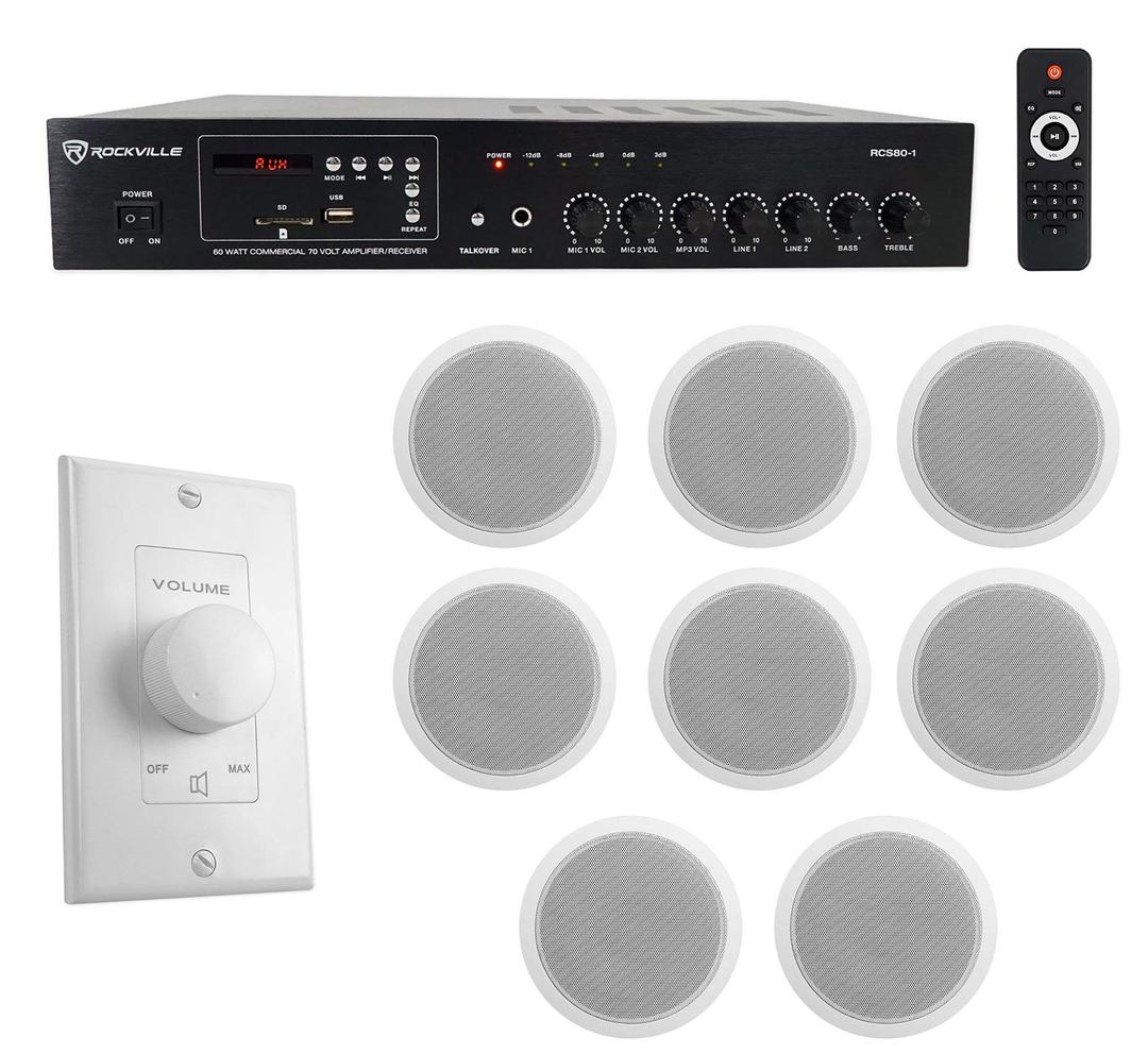 Rockville Commercial Restaurant Amp+(8) 6 inches White Ceiling Speakers+Wall Control