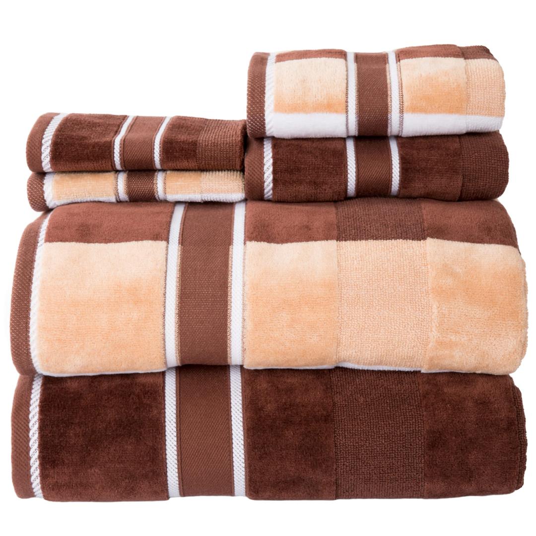 6-Piece Bath Towels Set - Oakville Beige-Striped 100% Cotton Velour Set With 2 Bath Towels