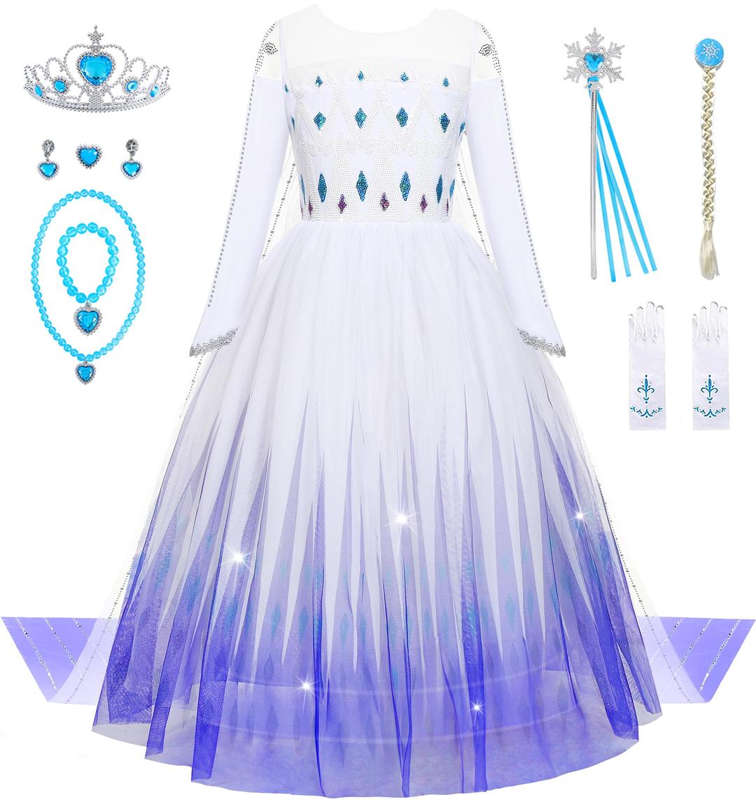 Girls Princess Costumes Snow Queen Princess Dresses Fancy Dress Up Clothes for Halloween Snow Party Cosplay, White