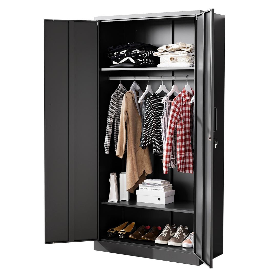 Metal Armoire Wardrobe Closet with 2 Doors 72'' Wardrobe Cabinet with Hanging Rail Metal Closet with Adjustable Shelves for Bedroom.Require Assembly (Black)