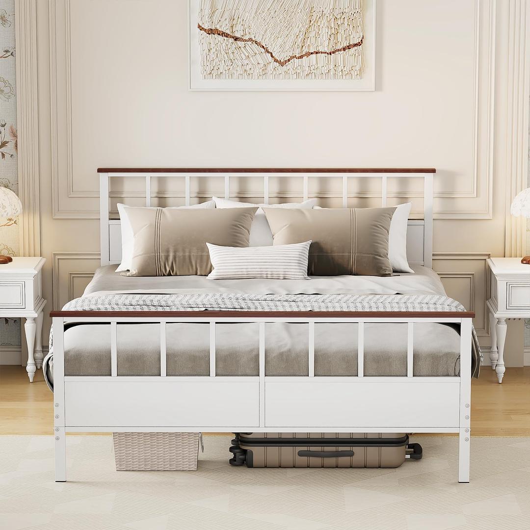 VOPEAK Farmhouse Queen Bed Frame with Headboard and Footboard, Metal Bed Frame Queen Size Wood Platform Bed Frame Under Bed Storage, Noise Free Strong Metal Slats Support, No Box Spring Needed, White