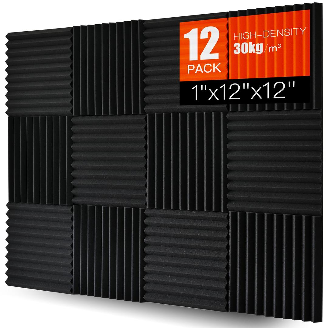 Acoustic Foam Panels 12 Pack – 1" x 12"x 12" High Density Soundproofing Wedges for Wall, Noise Absorbing and Sound-Damping, Quick-Recovery, Fire-Resistant – Perfect for Studio, Office, Gaming Room