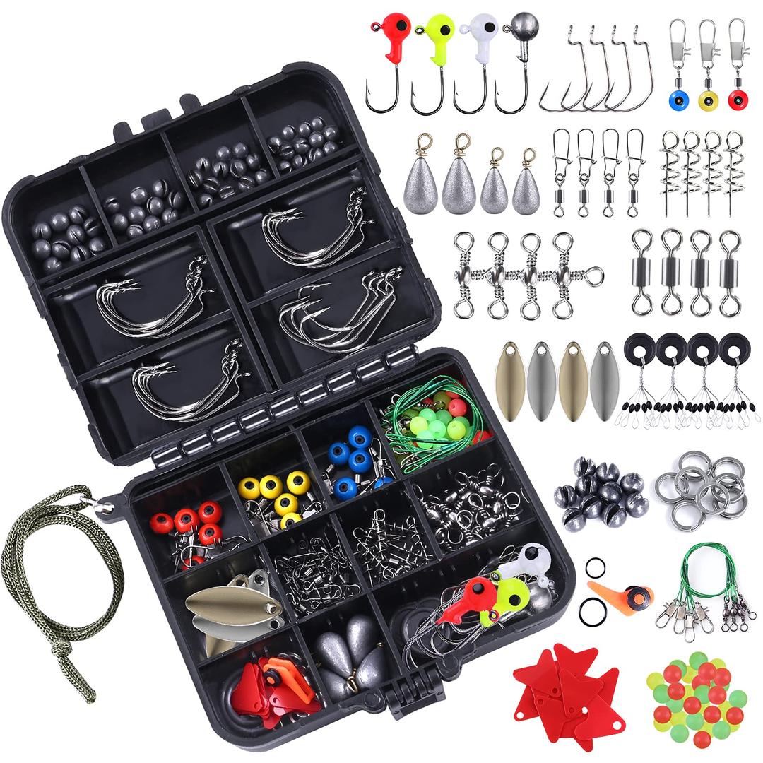 TOPFORT 187/343pcs Fishing Accessories Kit, Including Jig Hooks, Bullet Bass Casting Sinker Weights, Fishing Swivels Snaps, Sinker Slides, Fishing Set with Tackle Box