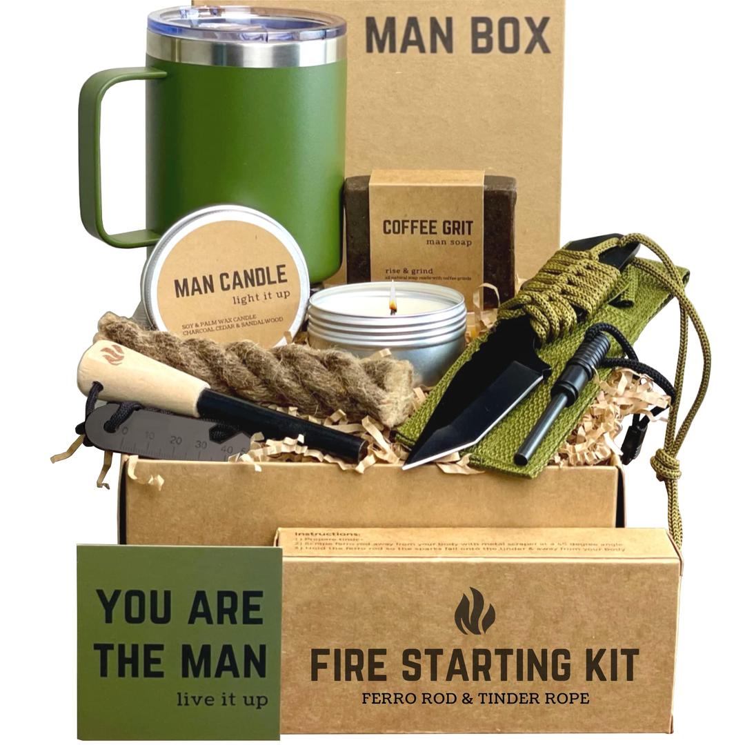 Man Box, Gift Box for Men- Birthday Gifts for Men, Mens Gift Basket, Gifts for Him- Cool Camping Gift Sets for Guys, Son, Brother, Boyfriend, Dad, Husband, Male, Friend