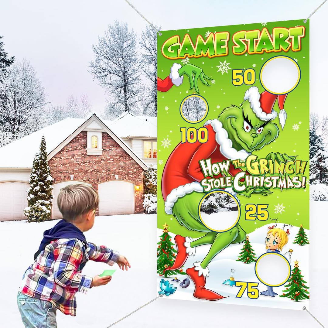 Green Christmas Bean Bag Toss Game with 4 Bean Bags, Christmas Tossing Game Theme Group Sports Tossing Activity Banner Backdrop, Christmas Party Game Christmas Party Favor Supplies for Kids Cover