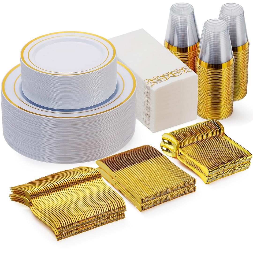 Goodluck 350 Piece Gold Dinnerware Set for 50 Guests, Plastic Plates Disposable for Party, Include: 50 Gold Rim Dinner Plates, 50 Dessert Plates, 50 Paper Napkins, 50 Cups, 50 Gold Silverware Set