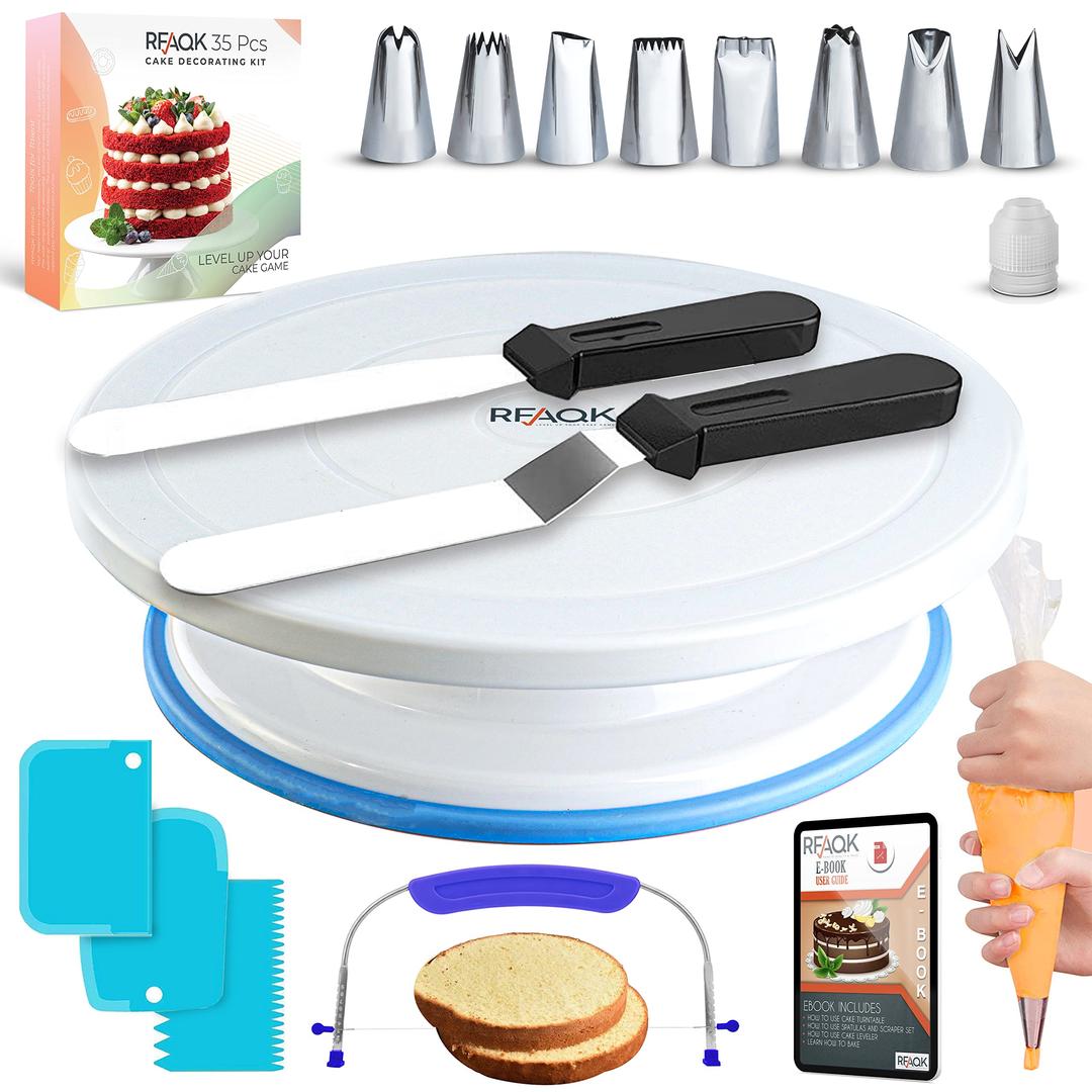 Cake Turntable and Leveler-Rotating Cake Stand with Non Slip Pad-7 Icing Tips and 20 Bags- Straight & Offset Spatula-3 Scraper Set -E Book-Cake Decorating Kit -Baking Tools