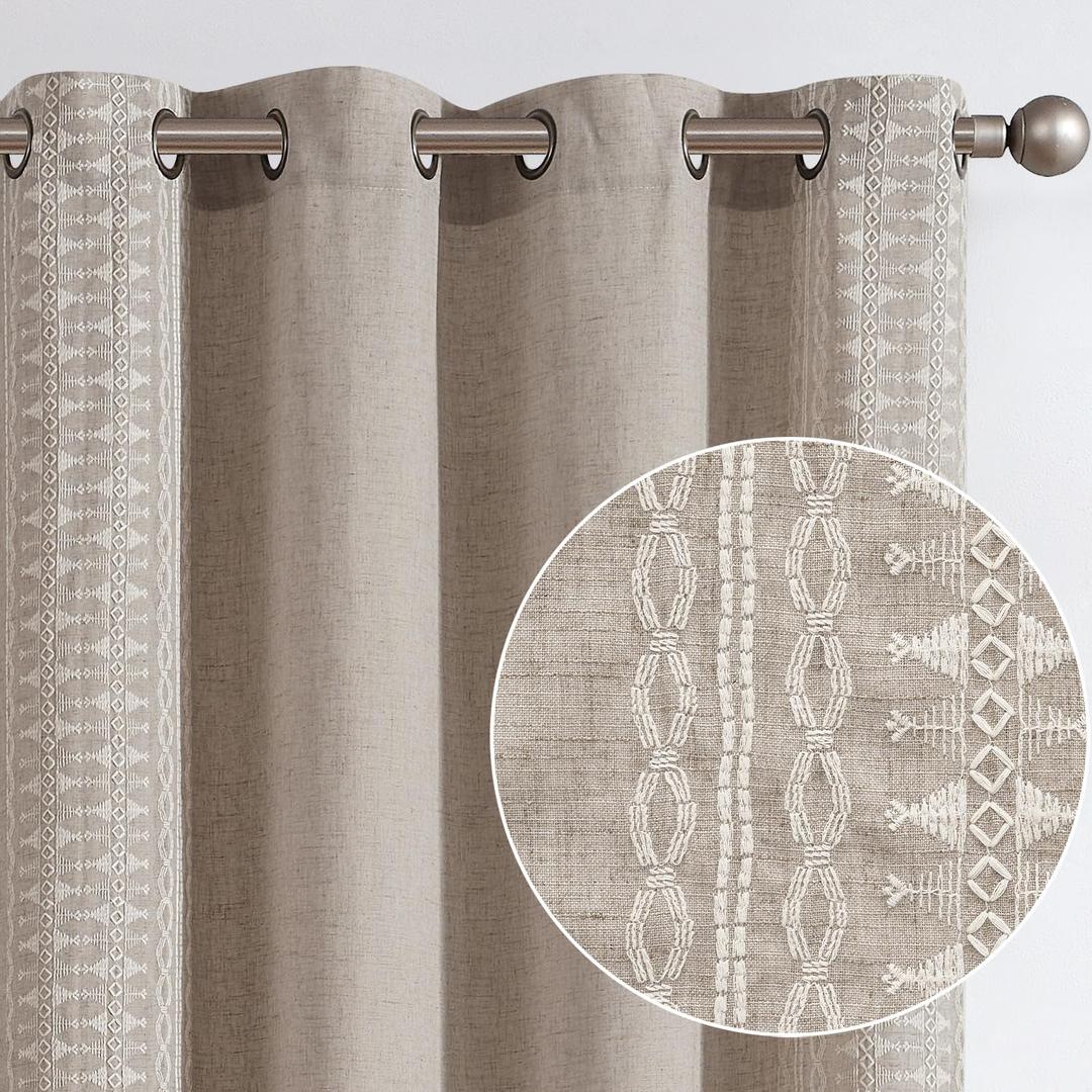 jinchanBoho Curtains Linen Curtains Farmhouse Curtains for Bedroom Window Curtains 96 Inches Long 2 Panels Embroidered Geometry Grommet Window Treatment for Living Room Ivory on Taupe