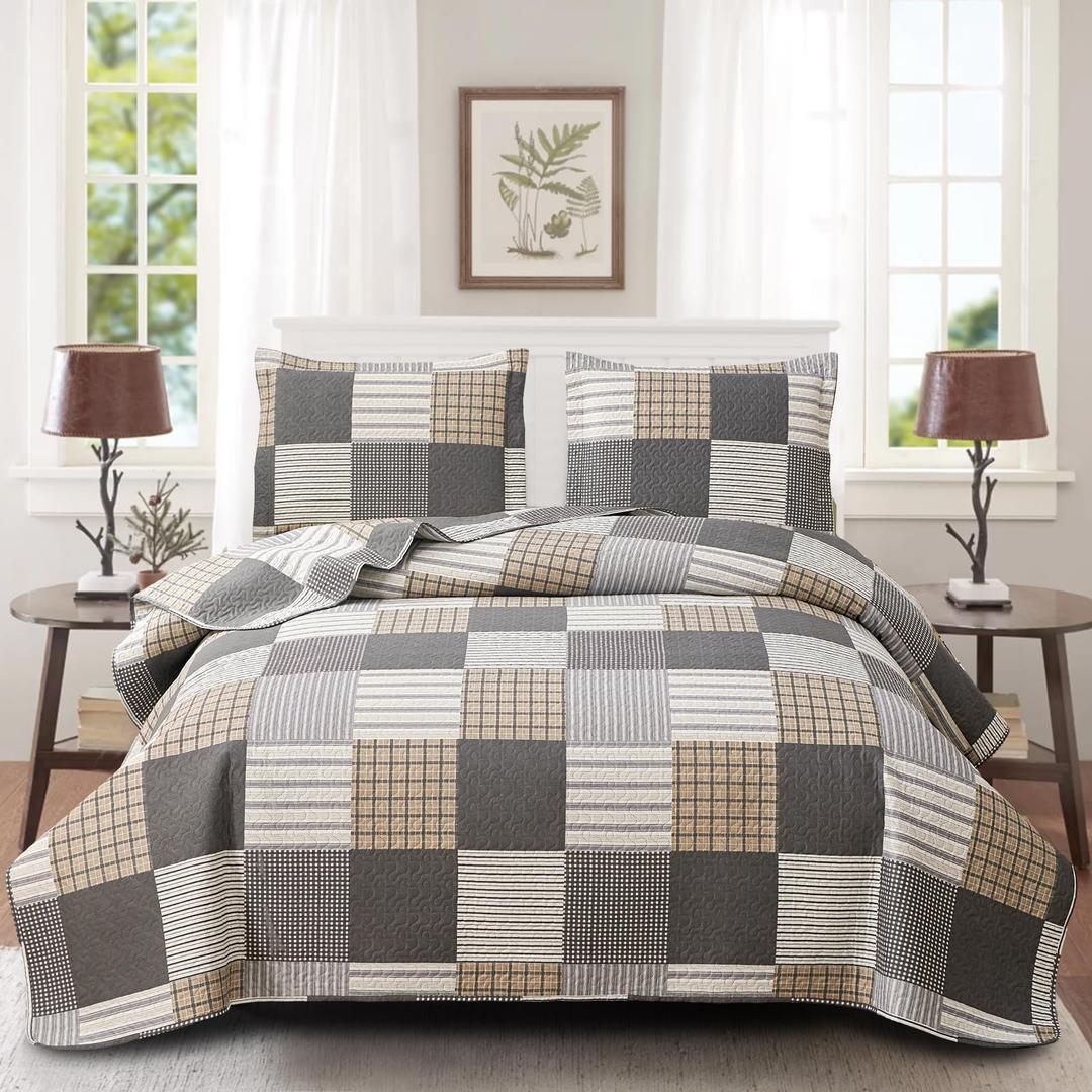 CHESITY Brown Black Plaid Bedding Sets, 3 Pcs Queen Size Quilt Bedspread Checked Patchwork Print Coverlets Bedcover Reversible Bed Cover Country Bedroom Decor(90"x 90")