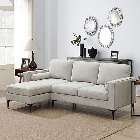 86" Convertible Sectional Sofa, L-Shaped Couch 3-Seat Sofa Sectional with Reversible Chaise and 2 Pillows, Modern Chenille Fabric Sectional Sofa for Living Room Bedroom Office (Beige + Fabric)