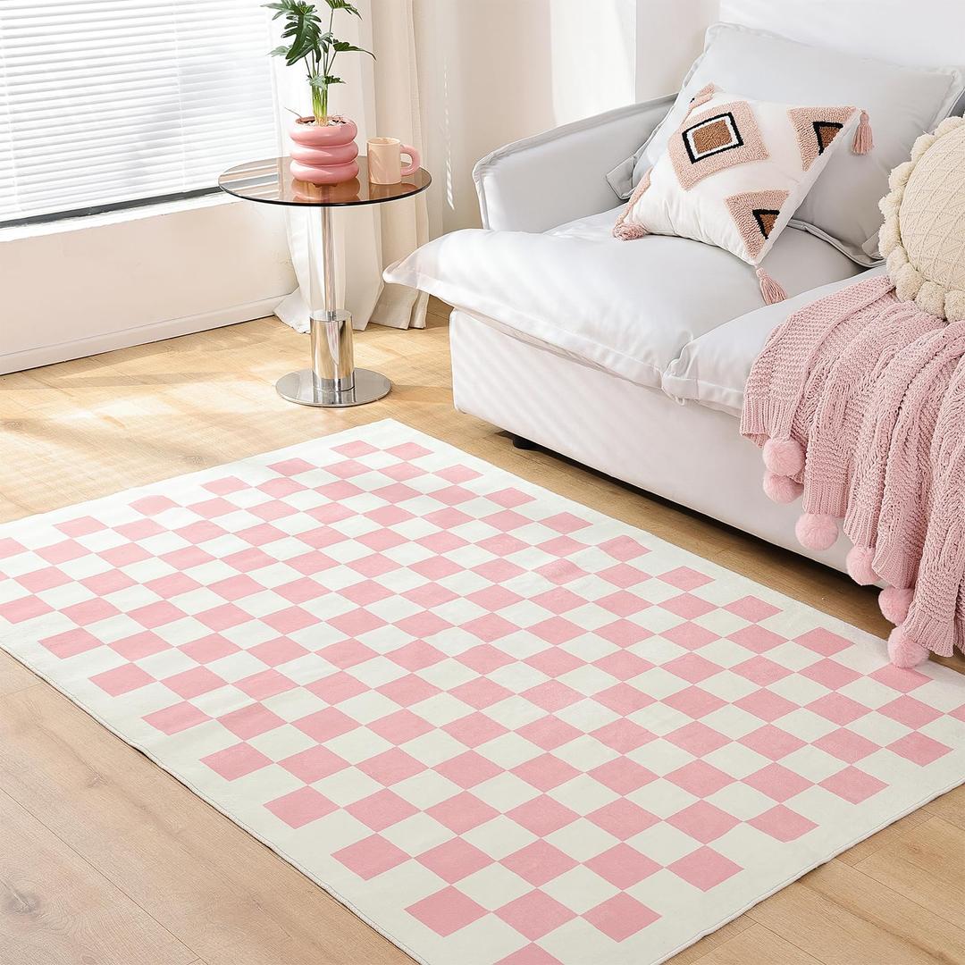 TRUEDAYS 3x5 Small Area Rug Beige and Pink Area Rug Modern Checkered Rug for Living Room and Bedroom, Washable Non Slip TPR Backing Checkered Area Rug for Home Decor