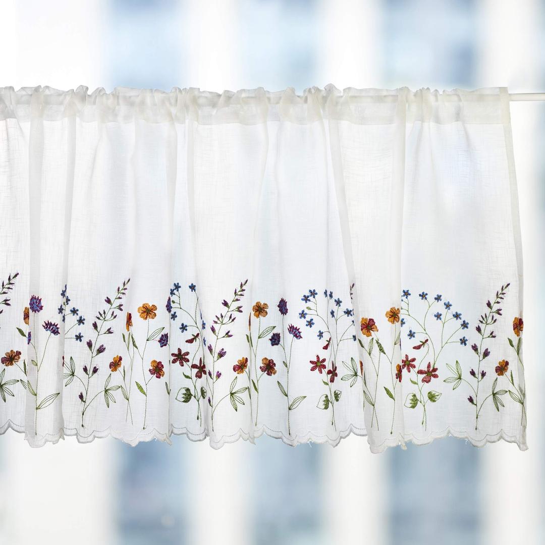 027 Floral Embroidery Pastoral Style Valance, White Sheer Flowers Valances,Window Treatment for Kitchen,W60XL18 inch (Wild Flower)