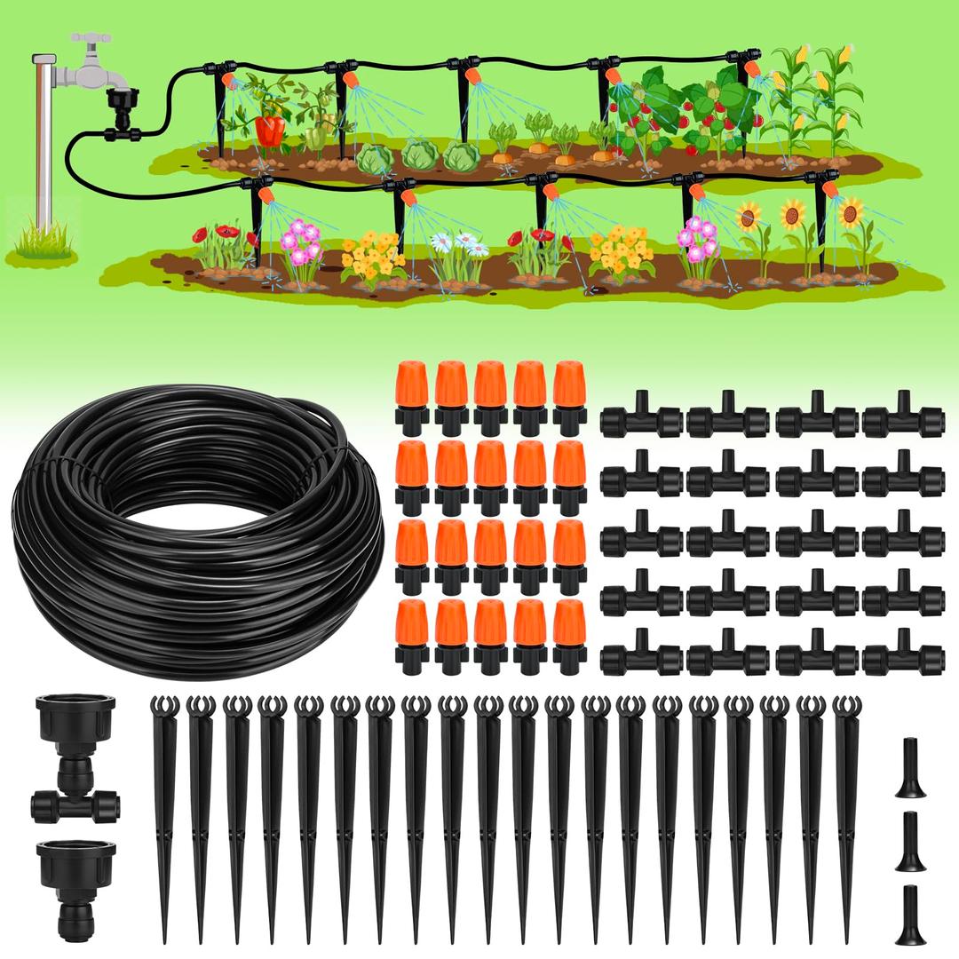 50ft Micro Drip Irrigation Kit, Micro Drip Irrigation System Kit with Adjustable Misting Nozzle Sprinkler, Tubing and Connectors, Watering for Garden, Flower Beds, and Potted Plants