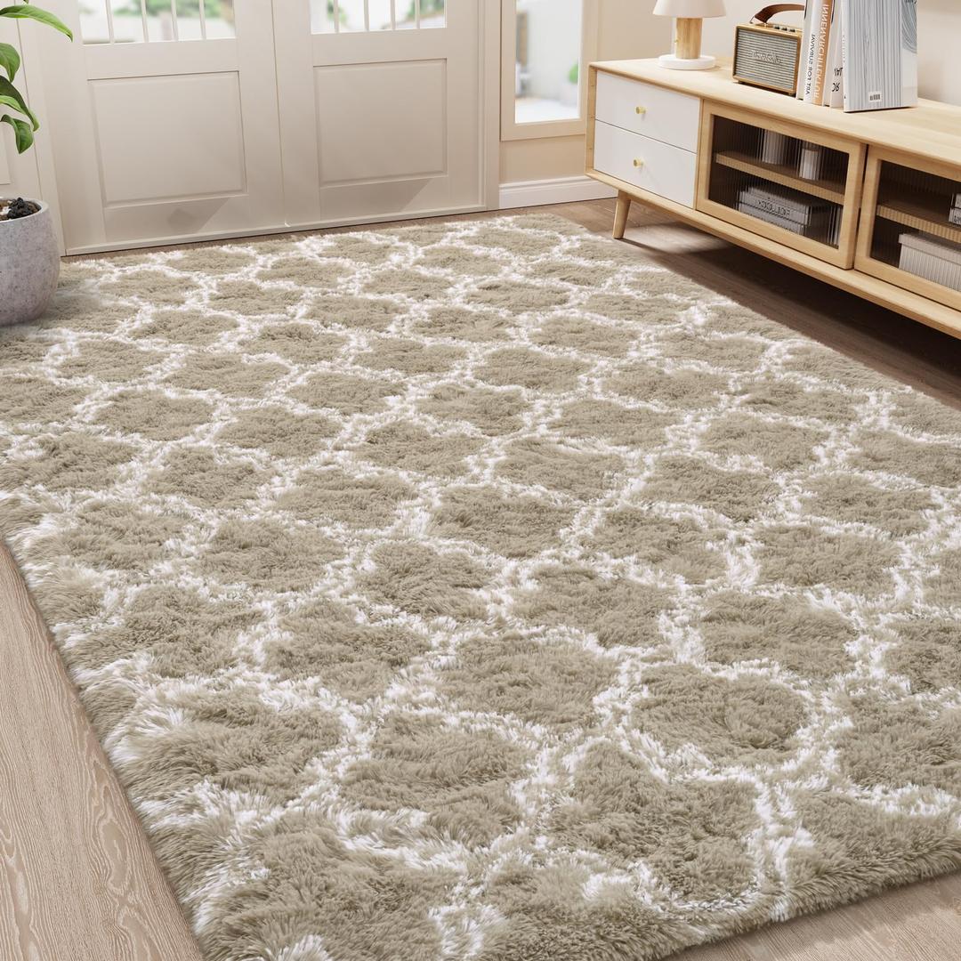 LOCHAS Luxury Shag Area Rug 5x8 Feet Geometric Plush Fluffy Rugs, Extra Soft Carpet Moroccan Rugs for Bedroom Living Room Dorm Kids, High Pile Shaggy Floor Rug Decor, Beige and White