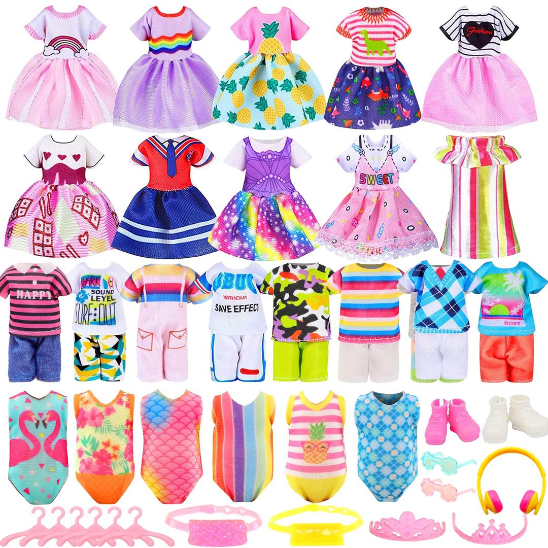 30 PCS Mini 6 Inch Doll Clothes and Accessories Include 4 Tops, 4 Pants for Boy Dolls, 5 Dresses , 2 Swimsuit and 2 Shoes, 10 Outfits Hangers Pocket Glasses Headset Crown for 5.3-6 Inch Dolls