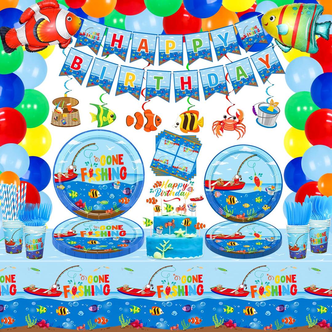 246 Pack Gone Fishing Party Supplies Fishing Birthday Party Decorations Little Fisherman The Big One Party Decoration Gone Fishin’ Party Decor - Plates Cups Tablecloth Banner Hanging Swirls Serves 20