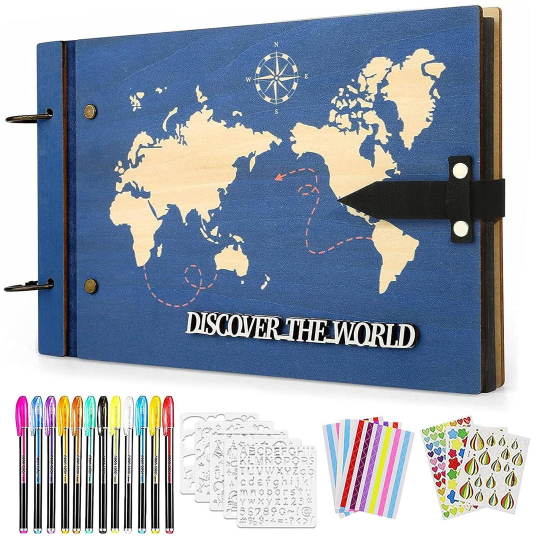 ZEEYUAN Fathers Day Gift From Wife/Daughter/Son Wooden Scrap Book Album World Map Travelling Journal Scrapbook Our Adventure Book, Scrapbooking Kits DIY Scrapbook Memory Photo Book for Couples