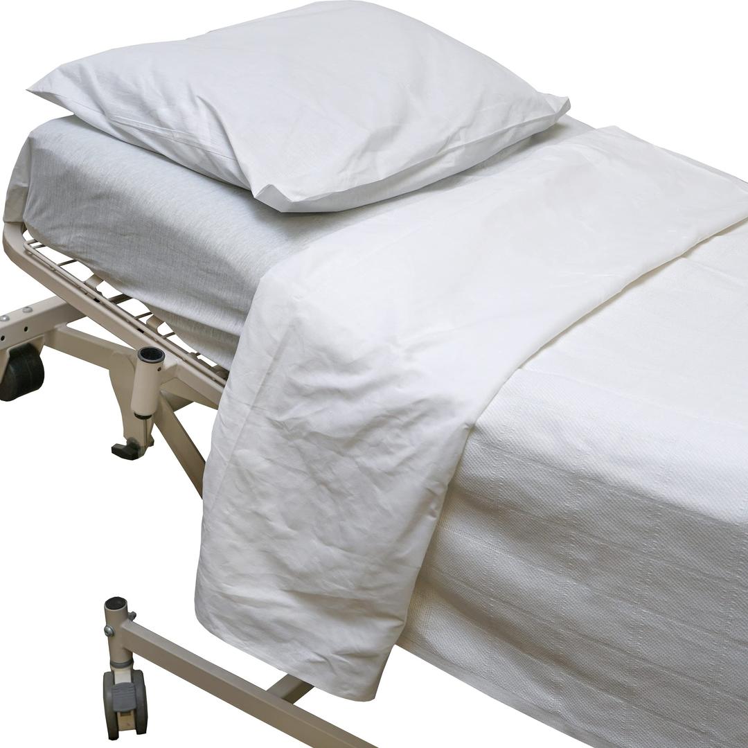 CareoutfitAll in One Hospital Bed Linen in a Bag, Top Sheet, Bottom Sheet, Pillow Case and Blanket, White Premium