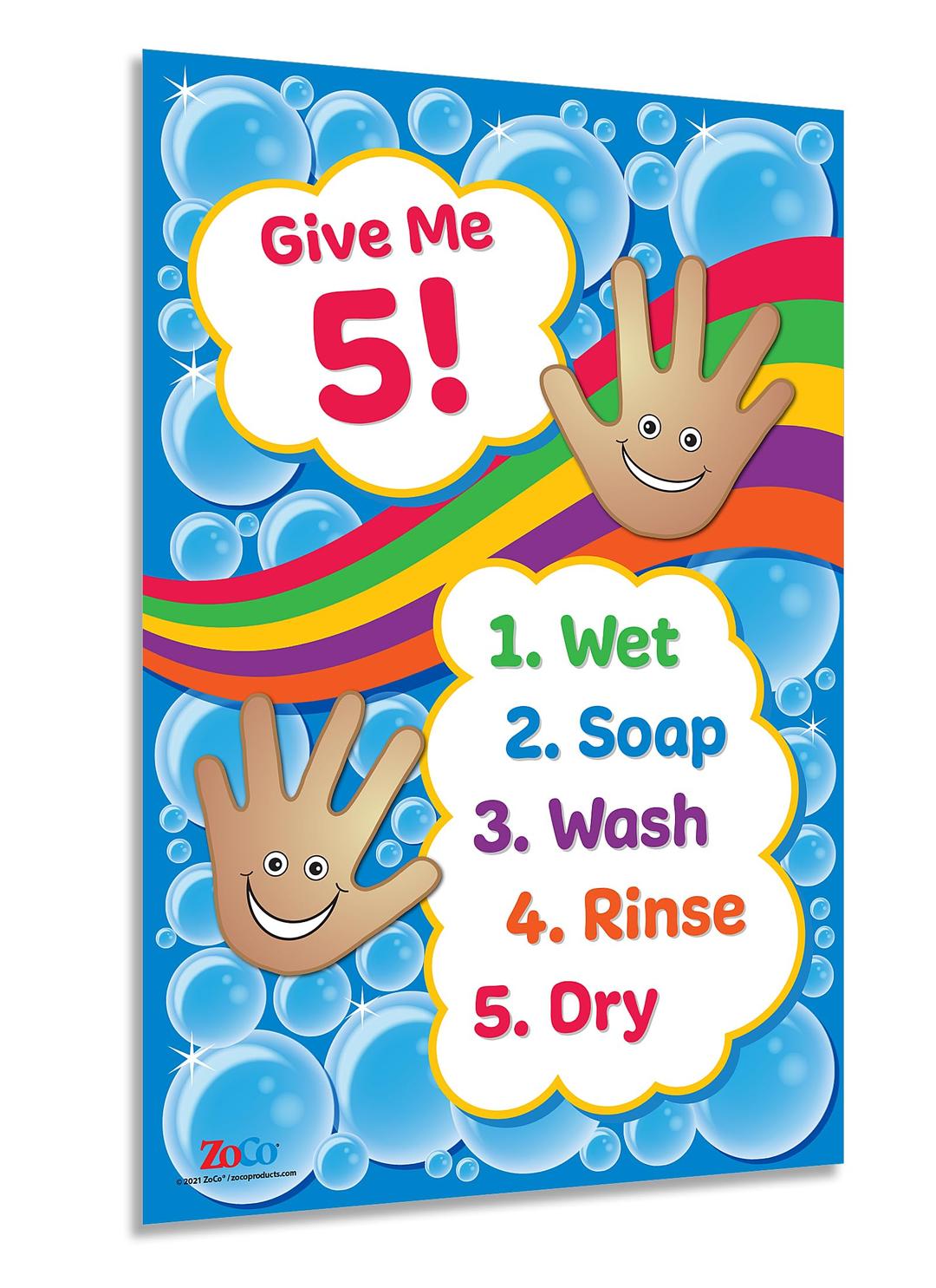 Give Me 5 Handwashing Poster - Laminated, 12 x 18 inches - Wash Hands Sign for Kids - Hand Hygiene Health Poster for Daycare, Pre K and Elementary - School Nurse Office Decorations