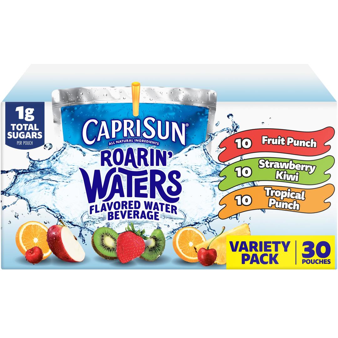 Capri Sun Roarin' Waters Fruit Punch, Strawberry Kiwi & Tropical Punch Flavored with other natural flavor Water Beverage, 30 ct Box, 6 fl oz Drink Pouches