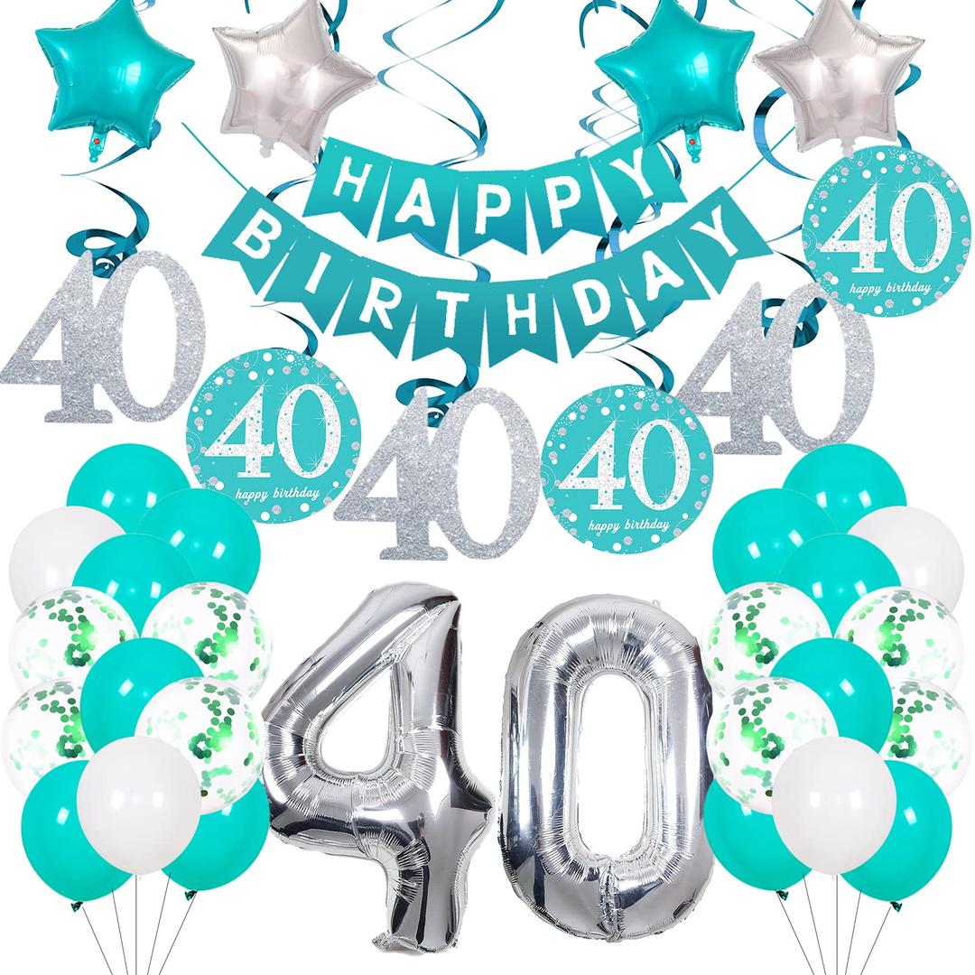 40th Birthday Decorations for Women Men, 40th Birthday Party Decorations Teal Funny Birthday Supplies 40 Bday Decor for Her Him - HAPPY BIRTHDAY Banner Number 40 Foil Balloons Pendants