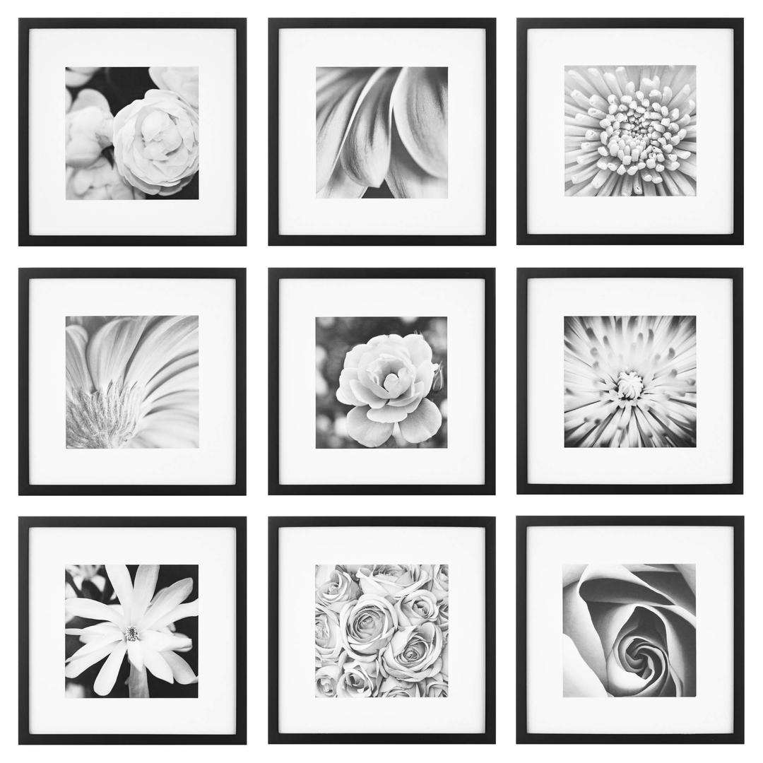 Gallery Perfect's 9-Piece - Square Photo Frame - Stunning Display with Frame Wall Gallery Kit - Decorative Art Prints & Hanging Template - Effortless Styling - Square Wall Mount - Black Frame