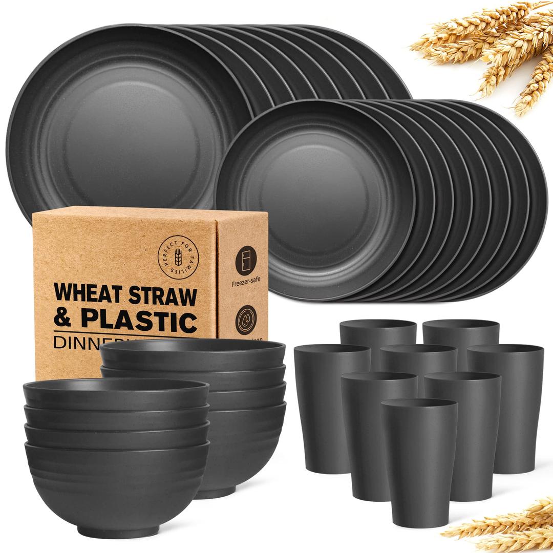 Teivio 32-Piece Kitchen Plastic Wheat Straw Dinnerware Set, Service for 8, Unbreakable Modern Dish Set - Dinner Plate/Dessert Plate/Cereal Bowl/Cup, for Apartment Essentials, Outdoor Camping,Black